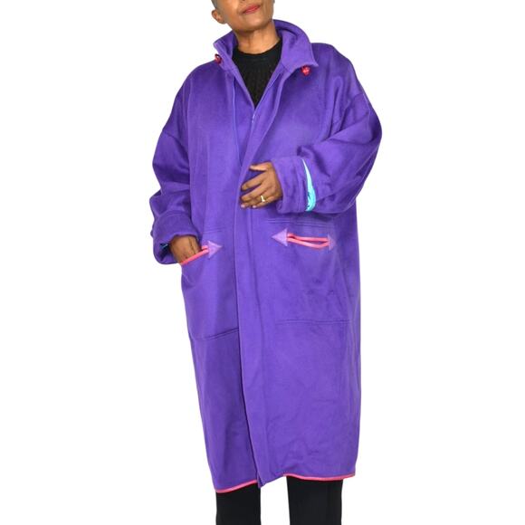 Vintage Purple Maxi Coat 90s Zip Felted Wool Oversized Leather Trim Large OSFM - Picture 7 of 16
